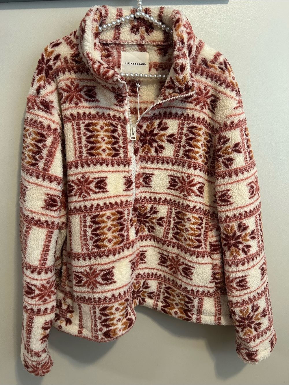 NEW Lucky Brand Fleece Pullover XL Quarter Zip Southwestern Fair Isle Sherpa